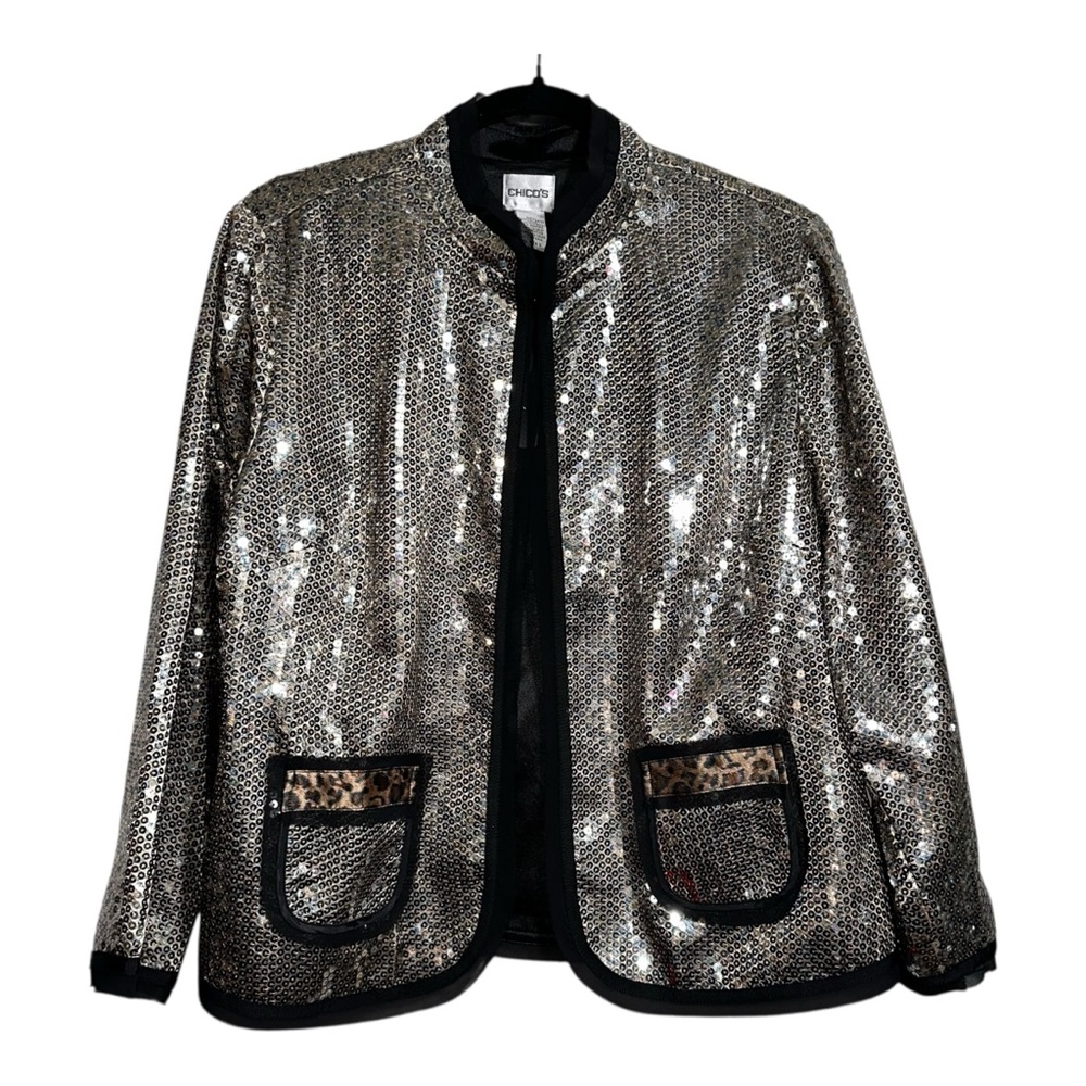 Sequin Jacket Gold Silver Animal Print‎ Trim Party Holiday Chico's 2 NWOT